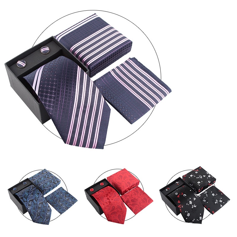 Cufflink Box Set - ชุดเนคไทผู้ชาย ชุดเนคไทงานแต่งงาน กล่องของขวัญ ชุดเนคไท ผ้าเช็ดหน้า กระดุมข้อมือ