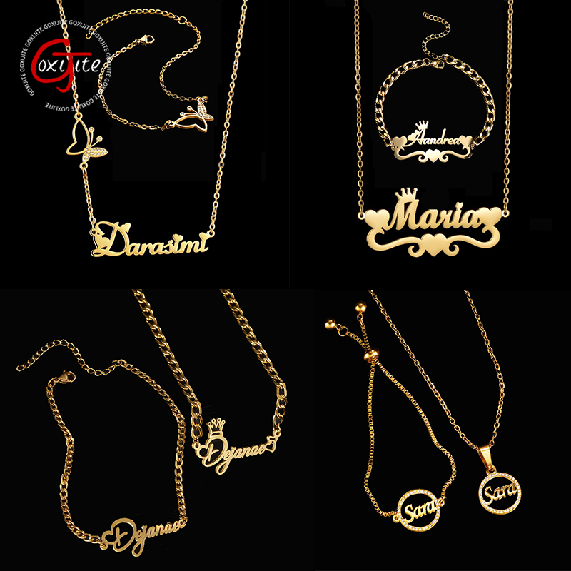 Men Accessories Name - Goxijite ปรับแต่งชื่อสร้อยคอชุดผู้หญิงสแตนเลสหลายรูปแบบองค์ประกอบสร้อยข้อมือเครื่องประดับของขวัญ Party