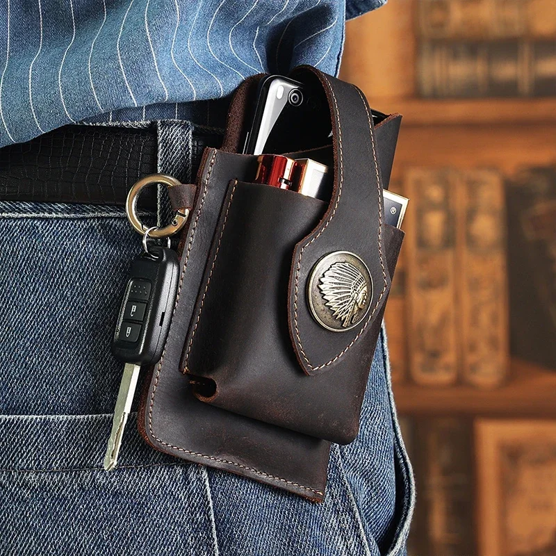 Men Accessories Pack - บุรุษหนังแท้เอวกระเป๋าโทรศัพท์มือถือกระเป๋าชายกลางแจ้งผู้ชาย Fanny Pack Key แนวตั้งสวมเข็มขัดรอบเอวกระเป๋า