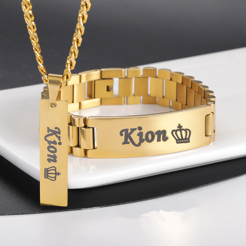 Men Accessories Name - สร้อยคอชื่อผู้ชายกำหนดเองได้ชุดเครื่องประดับกำไลใหญ่ชุดเครื่องประดับสแตนเลสสตีลสีทองป้ายชื่อแฟนพ่อลูกชายสามีของขวัญ